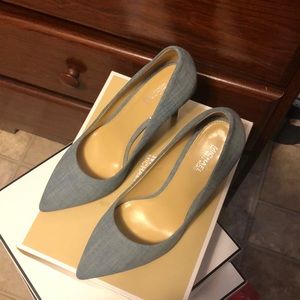 Michael Kors denim point toe with wooden heels